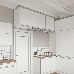 the height of the ceilings of this kitchen allows for an additional storage cabinet to be placed above the door