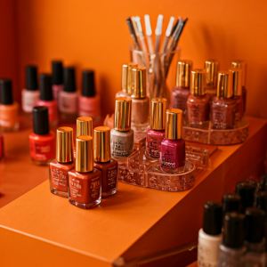 trendy nail polish colours and accessories in an organized and visually appealing manner to inspire nail bar clients and encourage impulse purchases