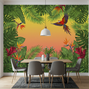 vibrant tropical leaves and bird wallpaper bring the outside into the dining.