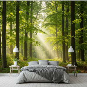 A serene forest with tall trees, sunlight filtering through leaves, bedroom mural wallpaper.