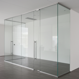 A transparent glass wall partition.