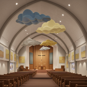 Acoustic clouds offer design flexibility and can be tailored to the church's aesthetic.