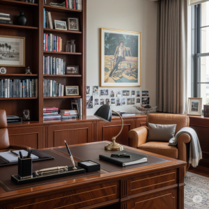 Artwork, decorations that reflect personal interests, and luxurious accessories personalize the Executive Office Interior.