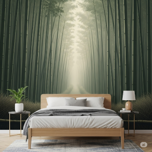 Bamboo Forest Pathway. Serene and minimalist with vertical lines.
