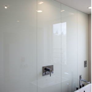 Bathroom wall interior design with white Lacquered Glass.