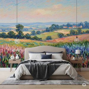 Bedroom Impressionistic landscape wallpaper mural.