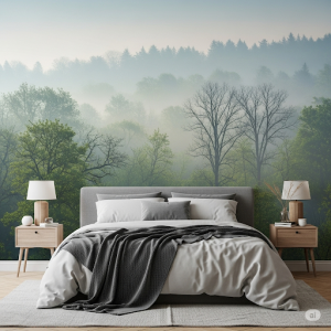 Bedroom Misty Morning Forest Mural Wallpaper.