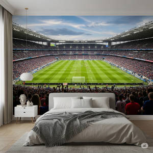 Bedroom Sports Arena Wallpaper. A mural depicting a favourite soccer stadium.