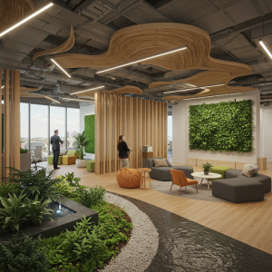 Biophilic commercial office interior design integrating natural elements, plants, natural light, and organic materials.