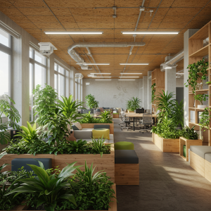 Biophilic company office design, incorporating natural elements like plants and natural light.