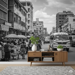 Black and White Nairobi Street Scene Wallpaper Mural