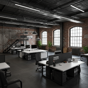 Black, white, and grey color palette for an industrial-style office.