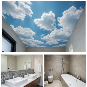 Blue sky and white clouds bathroom renovation ceiling finishing wallpaper mural.