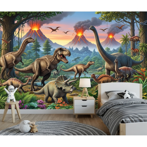 Boys' Bedroom Dinosaur Kingdom Mural Wallpaper. A lush, prehistoric landscape featuring various dinosaurs, volcanoes, and jungle foliage.