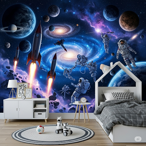 Boy's Bedroom Space Adventure Wallpaper. A mural with rockets, planets, astronauts, and nebulae in deep blues and purples. Boy's Bedroom Space Adventure Wallpaper.