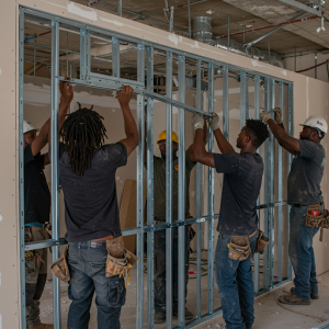 Building the frame of the drywall partition using metal studs and tracks.