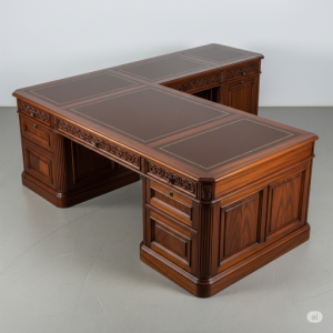 CEO's Office Desk. A large, solid L-shaped desk made from dark, polished mahogany wood with intricate carvings, leather inlays on the desktop, and ample built-in storage.