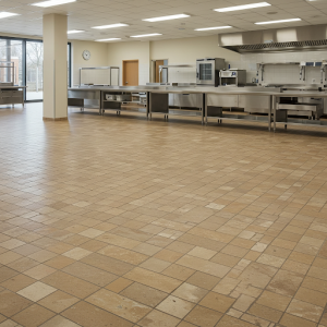 Cafeteria Kitchen floor remodelling with Quarry tile for its durability, slip resistance, and resistance to heat and stains.