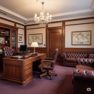 Classic and Traditional Executive Office Interior Design. Rich wood tones, leather upholstery, and timeless, substantial furniture.