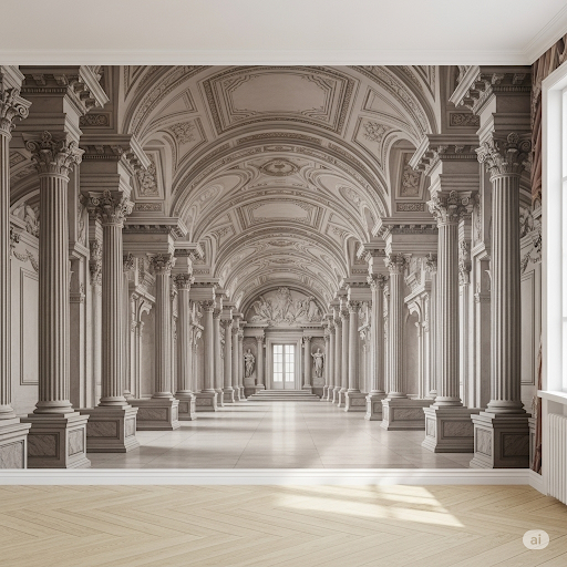 Classical Architectural Grandeur Trompe L'oeil Wallpaper, a mural that creates the illusion of a vast classical interior Classical Architectural Grandeur Trompe L'oeil Wallpaper, a mural that creates the illusion of a vast classical interior