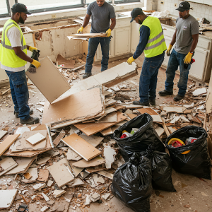 Cleaning and disposal of kitchen construction waste. Large elements are removed in their entirety, small waste is stored in special bags.