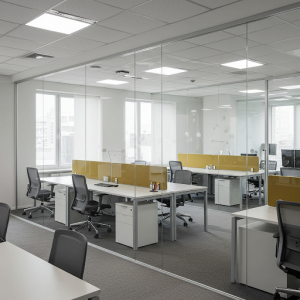 Clear glass, stationary office wall partitions.