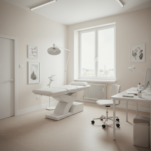 Clutter free doctor's office with only essential furniture, to creating a calm, harmonious flow.