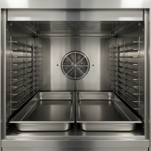 Commercial convection oven chamber constructed from stainless steel.