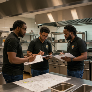 Commercial interior designers assessing the ergonomics of a restaurant kitchen.