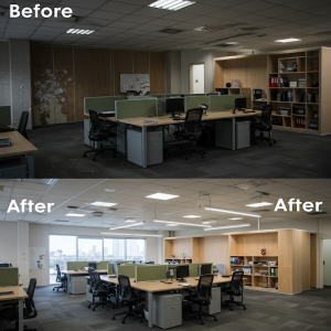 Commercial office redevelopment. Before and after images.