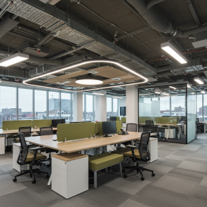 Commercial office renovation focusing on creating functional and aesthetically pleasing workspaces that reflect a company's brand and foster productivity.