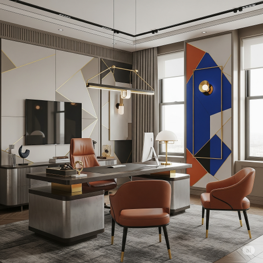 Contemporary CEO's Office Art Decor-inspired Interior Design. Geometric patterns, metallic finishes, opulent materials, and bold colors.