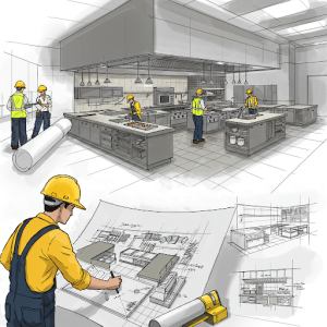 Contractors produce detailed plans and blueprints for efficient kitchen workflows.