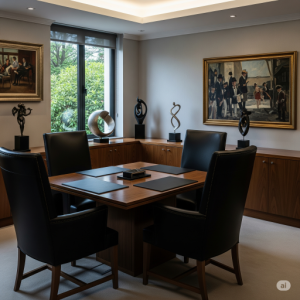 Dedicated Meeting Area. A small conference table within the Director's office for private discussions.