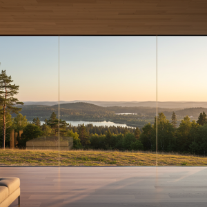 Distant nature landscape seen from the interior of a home through glass wall.