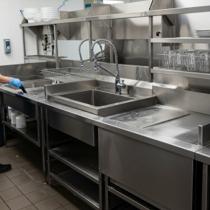 Durable, easy-to-clean stainless steel surfaces and fixtures for restaurant dishwashing area.