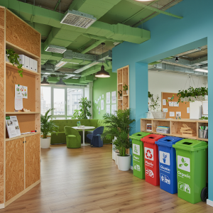 Eco-style office interior with recycling bins marked for paper, plastic, glass, and organic waste.