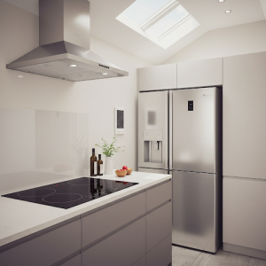 Energy-efficient kitchen appliances and optimized layout to reduce energy consumption.