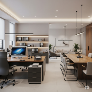 Executive Office Clear Zoning. Defined distinct areas for work, meetings, and relaxation within the office.