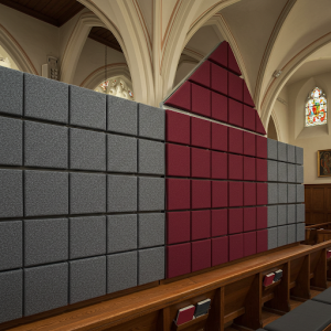 Flat panels, ideal for controlling reverberation in a church with hard surfaces, are available in various sizes, thicknesses, and fabric colors, allowing for customization to match any interior design. 