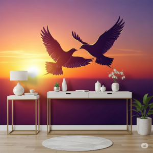 Flight of Two Wallpaper Mural. A stylized depiction of two birds in flight, soaring together against a backdrop of a romantic sunset. 