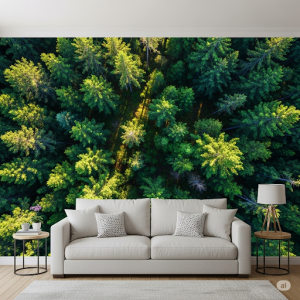 Forest Canopy Living Room Mural. A serene, top-down view of a dense forest with dappled sunlight.