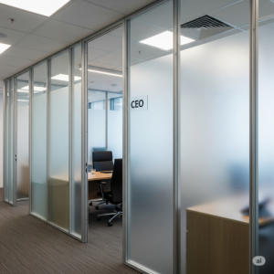 Frosted glass partitions obscure the view into the CEO's office, maintaining confidentiality.