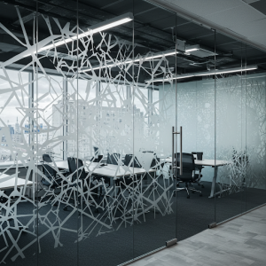 Geometric patterns etched on office interior glass walls.