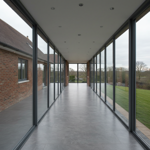 Glazing of veranda home extension with panoramic windows.