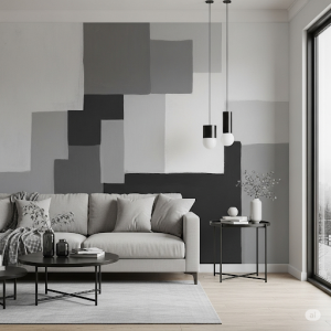 Grayscale Abstract Living Room Mural.