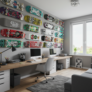 Home office renovation with skateboard wall art