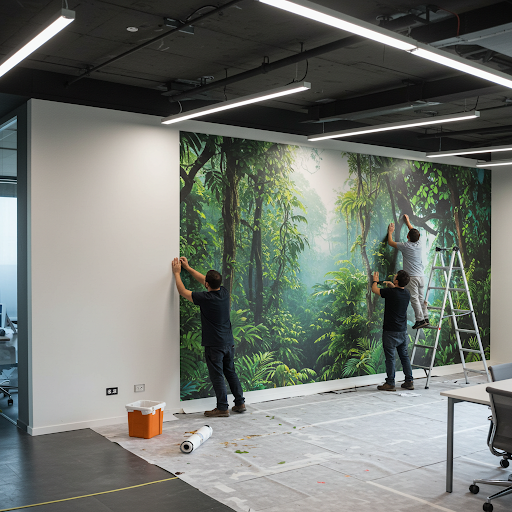 Installation of nature wallpaper mural Wallpaper removal contractors at work.