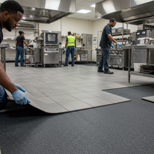 Installation of slip resistant flooring to prevent accidents in a wet and greasy environment.