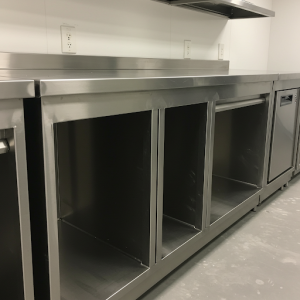 Installation of stainless steel cabinets selected due to the material's exceptional durability, hygiene, and resistance to corrosion.